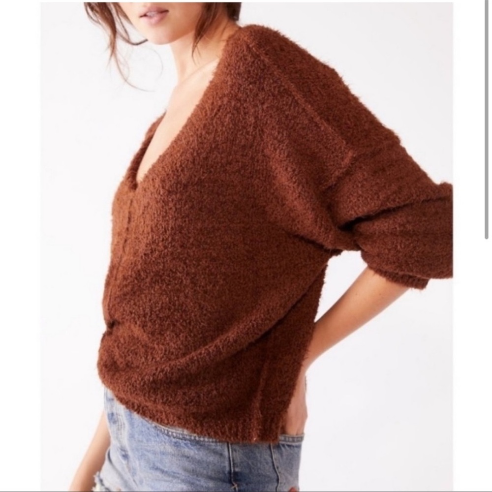 Free People Icing V-Neck Mocha Java Brown Oversized Sweater Size Small - Picture 2 of 11